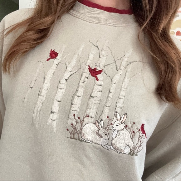 Embroidered Taupe Gray Sweatshirt with Rabbit Cardinal and Trees Design - Picture 2 of 6